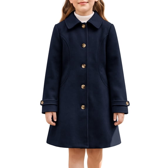 INSPIRE CHIC Girls' Halloween Winter Pea Coat Classic Lapel Single-Breasted Warm Outerwear Jacket with Deep Pockets for School & Casual Wear 11-12 Years Dark Blue