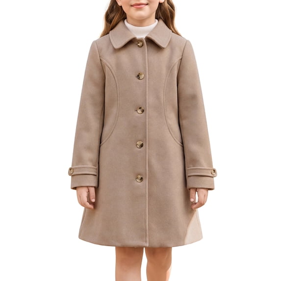 INSPIRE CHIC Girls' Halloween Winter Pea Coat Classic Lapel Single-Breasted Warm Outerwear Jacket with Deep Pockets for School & Casual Wear 7-8 Years Khaki