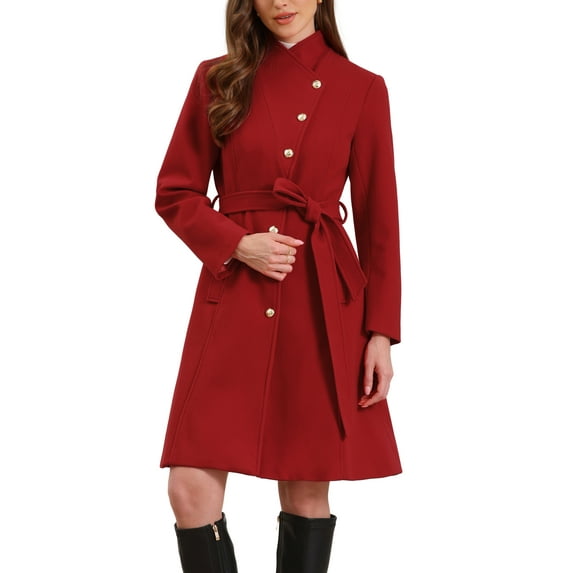 INSPIRE CHIC Pea Coat for Women Winter Stand Collar Button Down Mid Long Coats Outerwear with Belt S Red