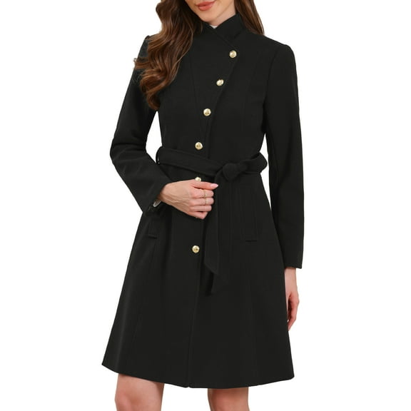 INSPIRE CHIC Pea Coat for Women Winter Stand Collar Button Down Mid Long Coats Outerwear with Belt XS Black