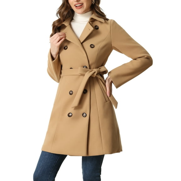 INSPIRE CHIC Pea Coat for Women's Peter Pan Collar Double Breasted Slant Pocket Button Down  Belted Winter Coats L Khaki