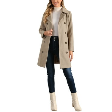INSPIRE CHIC Pea Coat for Women's Peter Pan Collar Double Breasted Slant Pocket Button Down  Belted Winter Coats L Light Brown