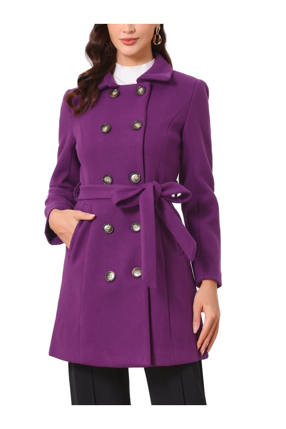 Pea Coat for Women's Peter Pan Collar Double Breasted Slant Pocket Button Down  Belted Winter Coats L Purple