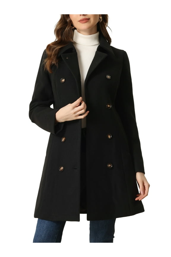 Pea Coat for Women's Peter Pan Collar Double Breasted Slant Pocket Button Down Belted Winter Coats M Black