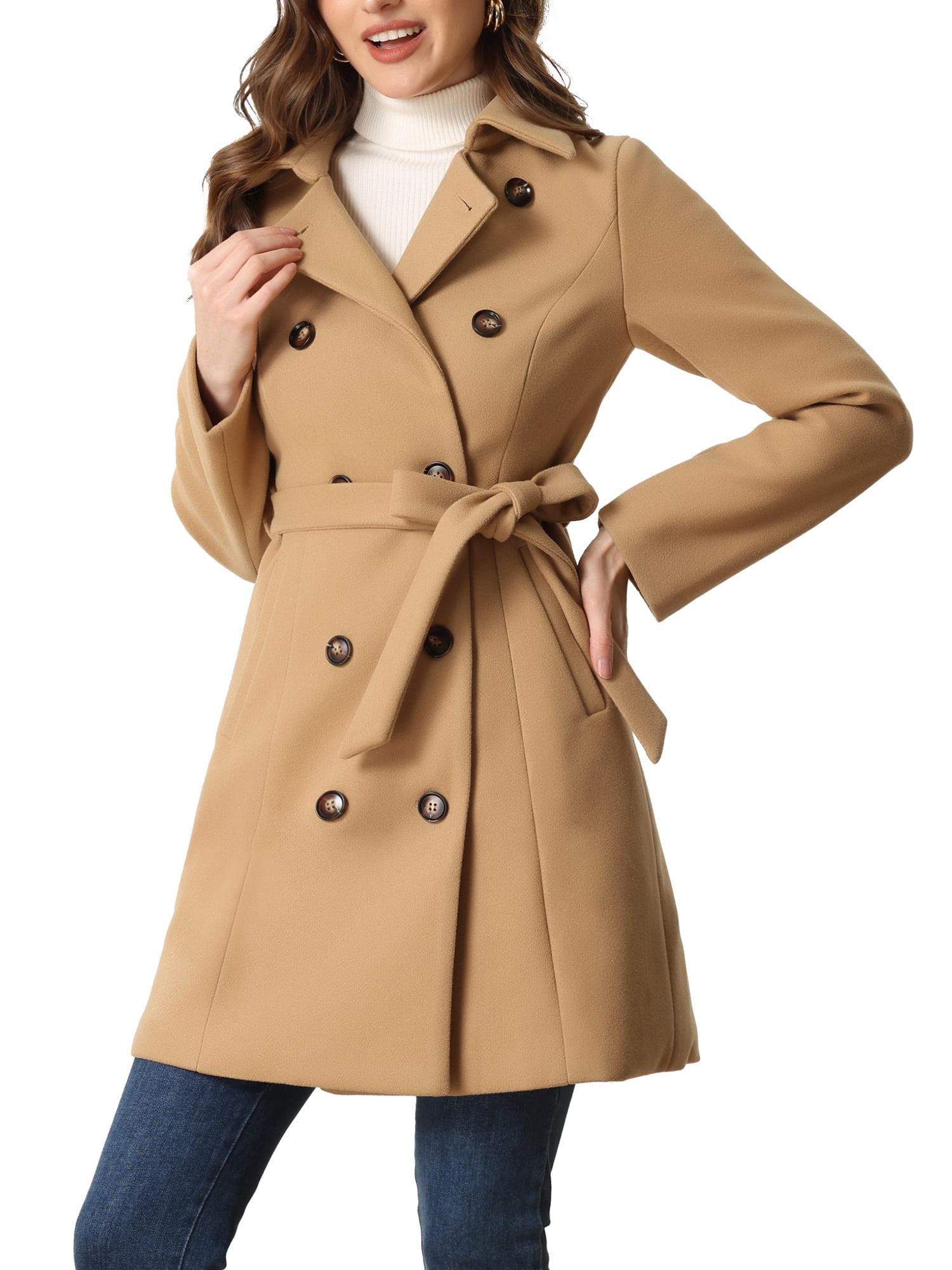 Allegra K Women's Long Double-Breasted Belted Pea Coat with Peter