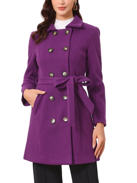 Pea Coat for Women's Peter Pan Collar Double Breasted Slant Pocket Button Down Belted Winter Coats M Purple