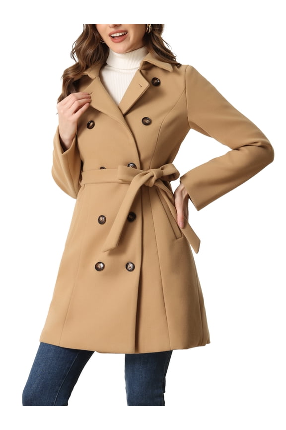 Pea Coat for Women's Peter Pan Collar Double Breasted Slant Pocket Button Down Belted Winter Coats XS Khaki