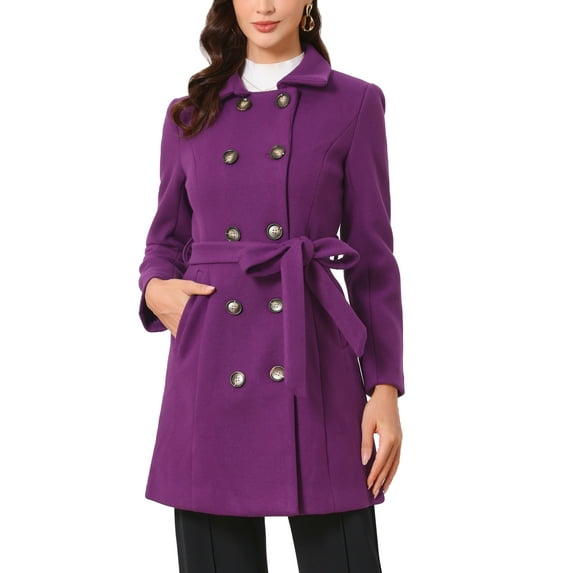 INSPIRE CHIC Pea Coat for Women's Peter Pan Collar Double Breasted Slant Pocket Button Down Belted Winter Coats XS Purple