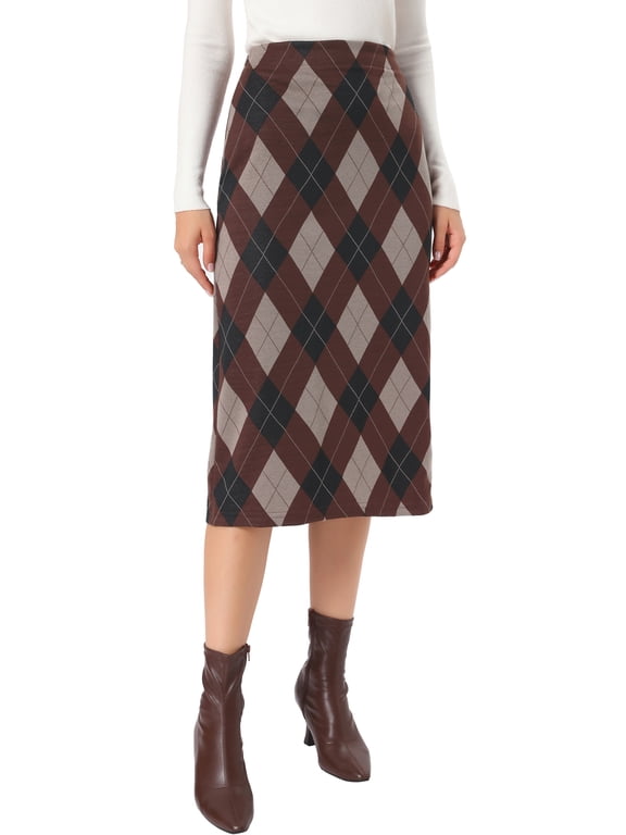 Pencil Skirt for Women's Bodycon Straight Knit Plaid Maxi Skirts XL Brown