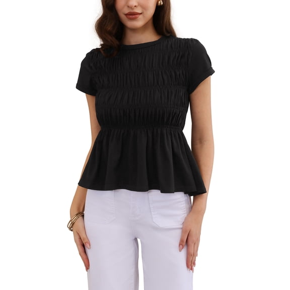 INSPIRE CHIC Peplum Babydoll Tops for Women's Summer Smocked Ruched Crew Neck Cap Sleeve Tunic Shirts Cute Blouses M Black