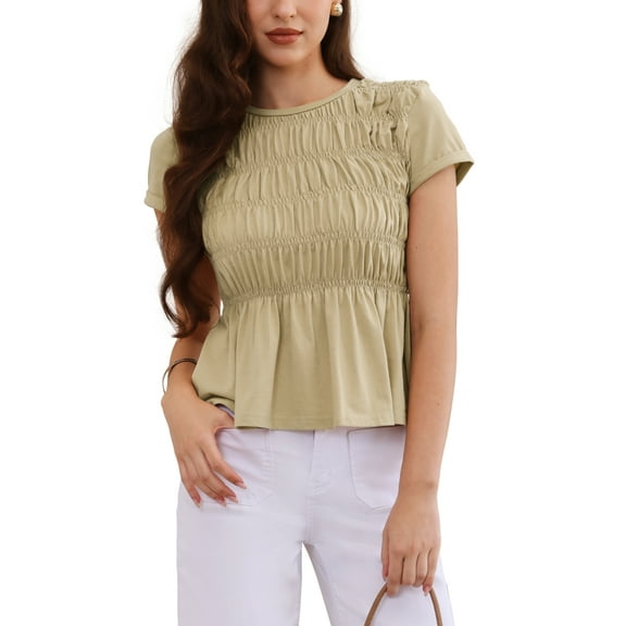 INSPIRE CHIC Peplum Babydoll Tops for Women's Summer Smocked Ruched Crew Neck Cap Sleeve Tunic Shirts Cute Blouses M Khaki