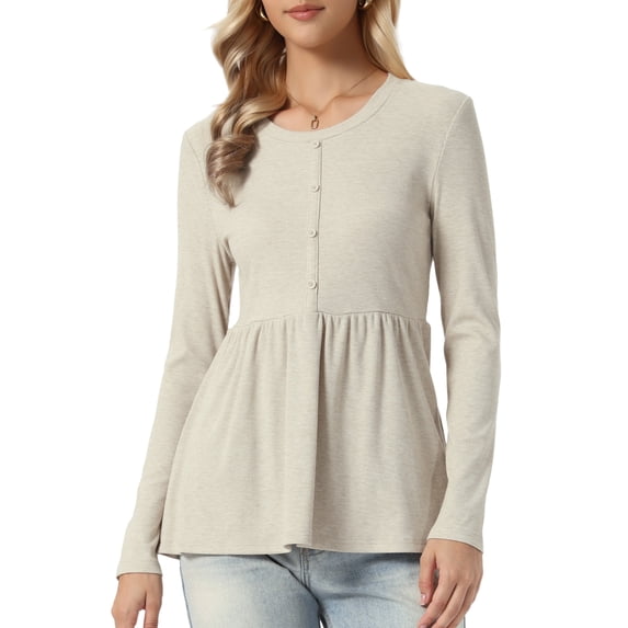 INSPIRE CHIC Peplum Sweater for Women's Pleated Round Neck Long Sleeve Button Fall Casual Knitted Babydoll Top S Apricot