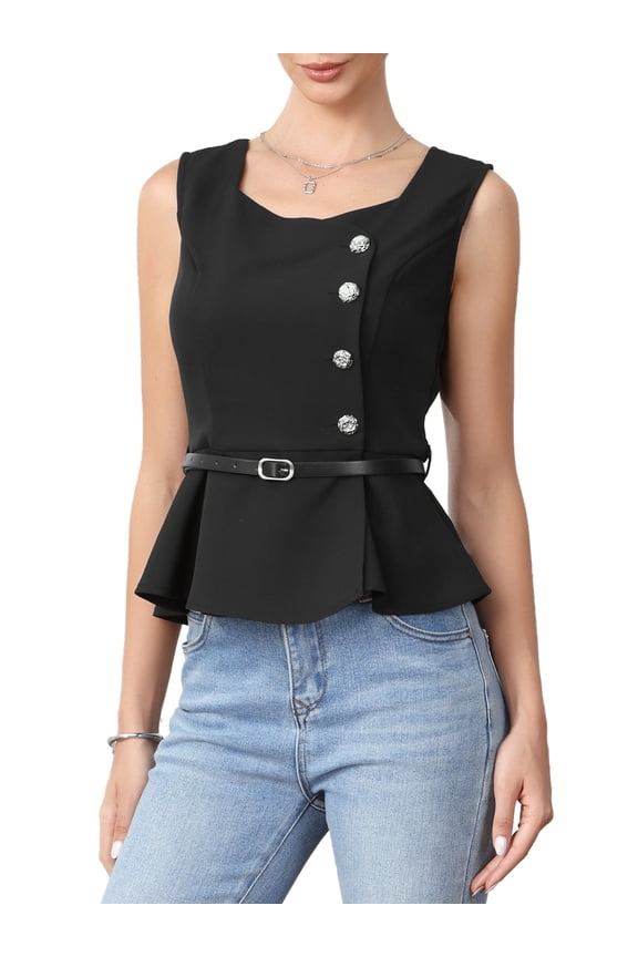 Peplum Top for Women Work Sleeveless Button Down Ruffle Hem with Belt Business Casual Tops S Black