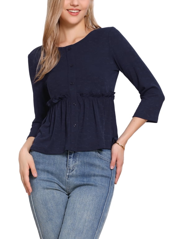 Peplum Top for Women's Crew Neck 3/4 Sleeve Ruffle Pullover Blouses M Dark Blue