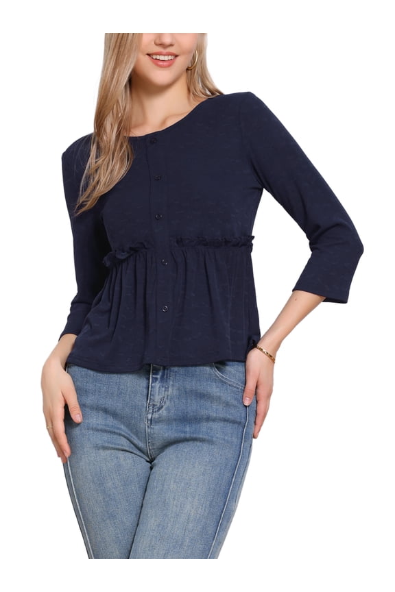 Peplum Top for Women's Crew Neck 3/4 Sleeve Ruffle Pullover Blouses M Dark Blue