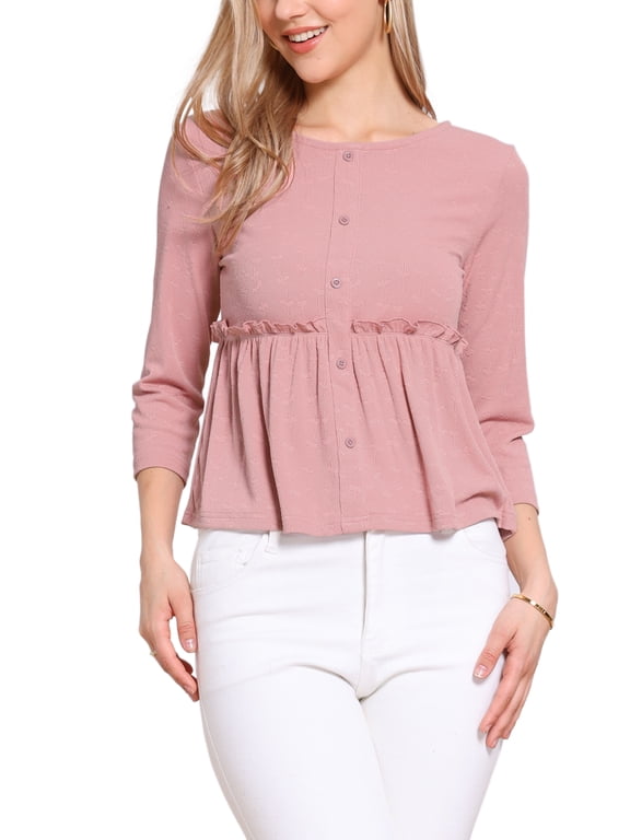 Peplum Top for Women's Crew Neck 3/4 Sleeve Ruffle Pullover Blouses M Pink