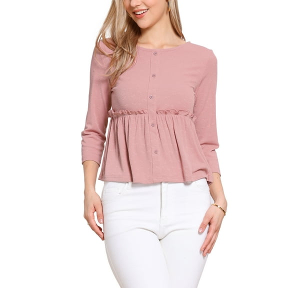 INSPIRE CHIC Peplum Top for Women's Crew Neck 3/4 Sleeve Ruffle Pullover Blouses S Pink