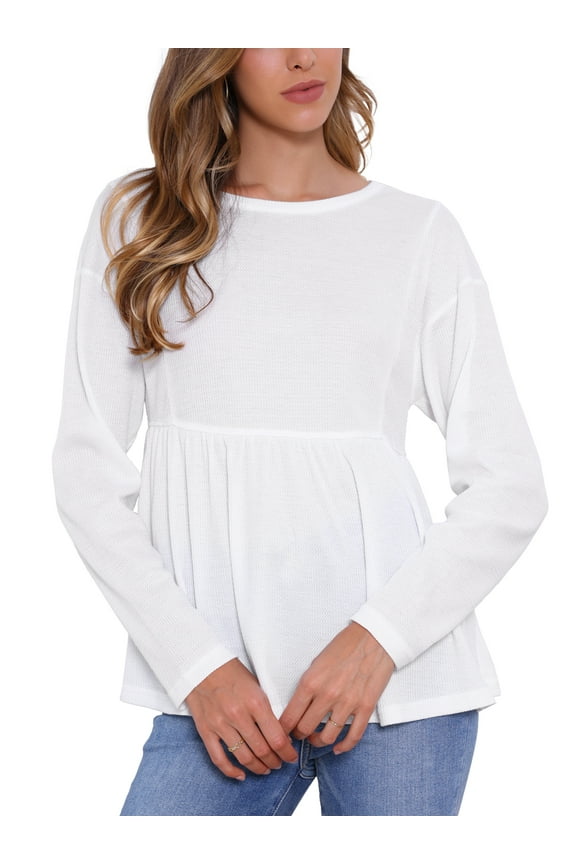 Women's Peplum Top Ruffle Hem Shirt Crew Neck Long Sleeve Blouse Top L White