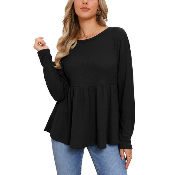 INSPIRE CHIC Women's Peplum Top Ruffle Hem Shirt Crew Neck Long Sleeve Blouse Top M Black