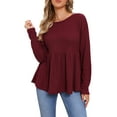 thumbnail image 1 of INSPIRE CHIC Women's Peplum Top Ruffle Hem Shirt Crew Neck Long Sleeve Blouse Top XS Burgundy, 1 of 6