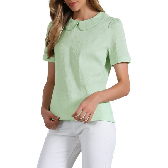 INSPIRE CHIC Peter Pan Collar Blouse for Womens Floral Jacquard Puff Short Sleeve Kawaii Top M Green