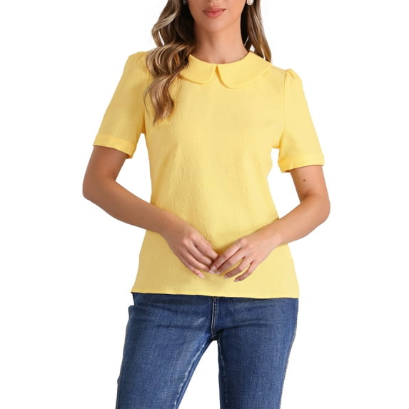 INSPIRE CHIC Peter Pan Collar Blouse for Womens Floral Jacquard Puff Short Sleeve Kawaii Top M Yellow