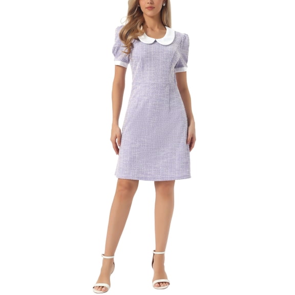 INSPIRE CHIC Peter Pan Collar Dresses for Women's Plaid Puff Short Sleeve Mini Tweed Dress L Purple