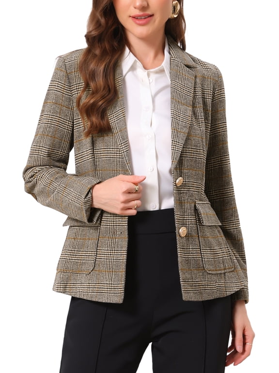 Plaid Blazer for Women Single Breasted Notched Lapel Long Sleeve Office Work Suit Blazers Jackets with Pockets M Brown