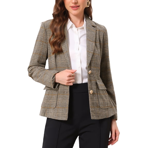 INSPIRE CHIC Plaid Blazer for Women Single Breasted Notched Lapel Long Sleeve Office Work Suit Blazers Jackets with Pockets XL Brown