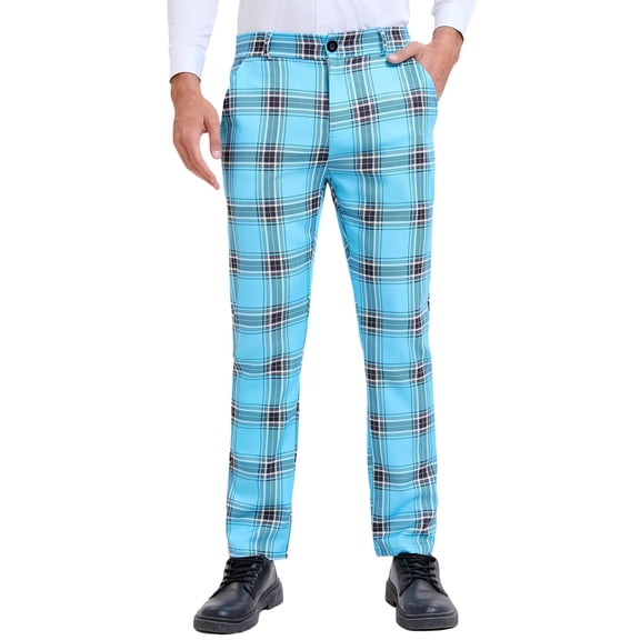 INSPIRE CHIC Plaid Dress Pants for Men's Slim Fit Straight Leg Formal Tartan Printed Pants 30 Light Blue