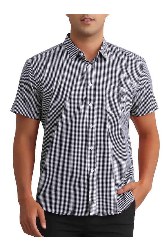 Plaid Dress Shirts for Men's Cotton Short Sleeve Button Down with Pocket Gingham Shirt M Black