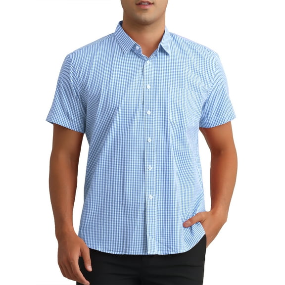 INSPIRE CHIC Plaid Dress Shirts for Men's Cotton Short Sleeve Button Down with Pocket Gingham Shirt M Blue