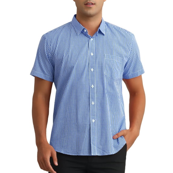 INSPIRE CHIC Plaid Dress Shirts for Men's Cotton Short Sleeve Button Down with Pocket Gingham Shirt S Navy Blue
