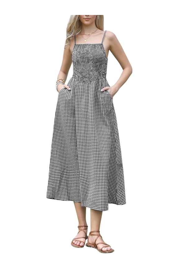 Women's Gingham Maxi Dress Summer Spaghetti Strap A-Line Flowy Plaid Smocked Sundress Black L