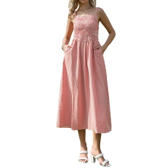 INSPIRE CHIC Plaid Maxi Dress for Womens Summer Spaghetti Strap A-Line Flowy Smocked Sundress M Red