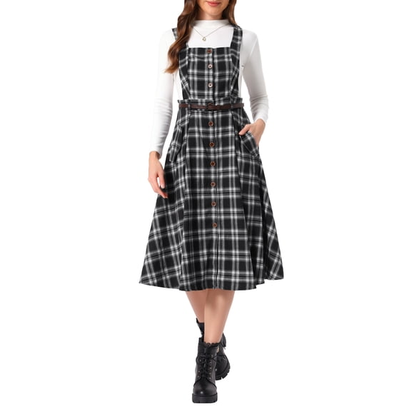 INSPIRE CHIC Plaid Overall Dress for Women's Sleeveless A-Line Pinafore Dress with Vintage Style L Black