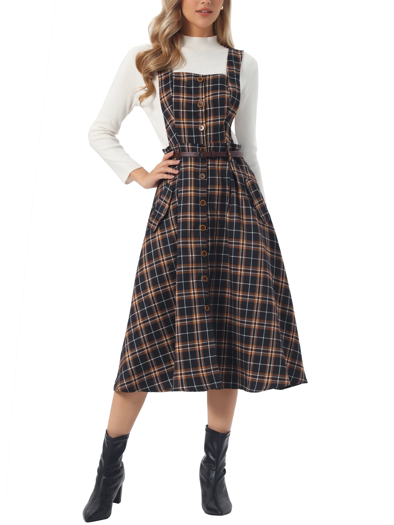 INSPIRE CHIC Plaid Overall Dress for Women's Vintage Sleeveless A-Line  Pinafore Dress M Red Green - Walmart.com