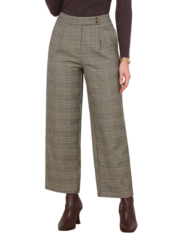 Plaid Pants for Women Business Casual Back Elastic Waist Straight Slacks Work Trousers with Pockets M Plaid