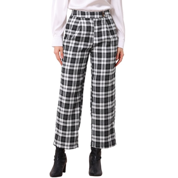 INSPIRE CHIC Plaid Pants for Women Business Casual Back Elastic Waist Straight Slacks Work Trousers with Pockets XL Plaid Black White
