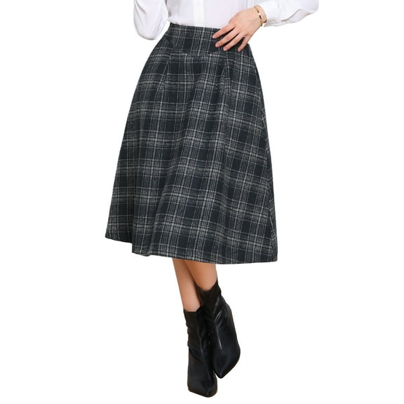 INSPIRE CHIC Women's Plaid Skirt Vintage High Waist A-Line Pleated Midi Skirt with Pockets Dark Blue L