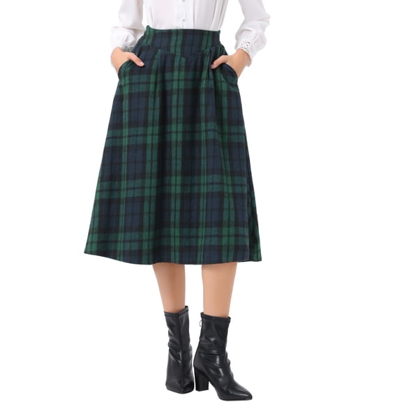INSPIRE CHIC Women's Plaid Skirt Vintage High Waist A-Line Pleated Midi Skirt with Pockets Dark Green L
