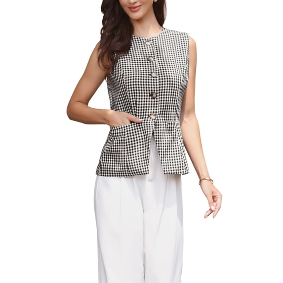INSPIRE CHIC Plaid Suit Vest for Women's Gingham Sleeveless Office Crew Neck Blazer Business Waistcoat L Black