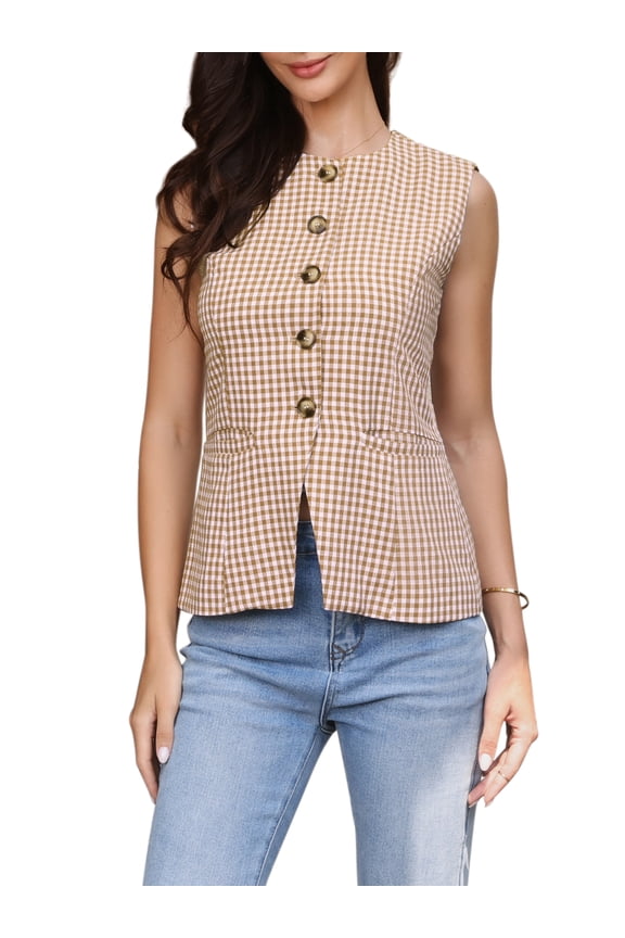 Plaid Suit Vest for Women's Gingham Sleeveless Office Crew Neck Blazer Business Waistcoat M Khaki