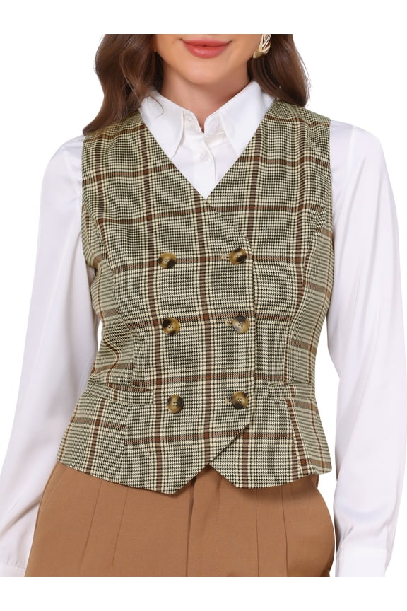 Plaid Suit Vest for Women's Sleeveless Houndstooth Gilet V Neck Double Breasted Waistcoat M Khaki Brown