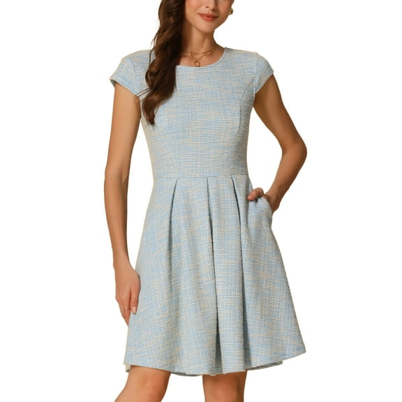 INSPIRE CHIC Plaid Tweed Dress for Women's Round Neck Cap Sleeve A-Line Vintage Pleated Dresses L Blue White