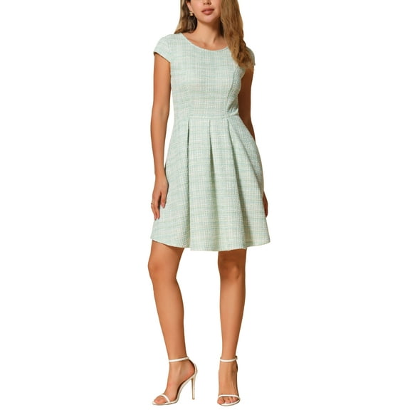 INSPIRE CHIC Plaid Tweed Dress for Women's Round Neck Cap Sleeve A-Line Vintage Pleated Dresses S Green White