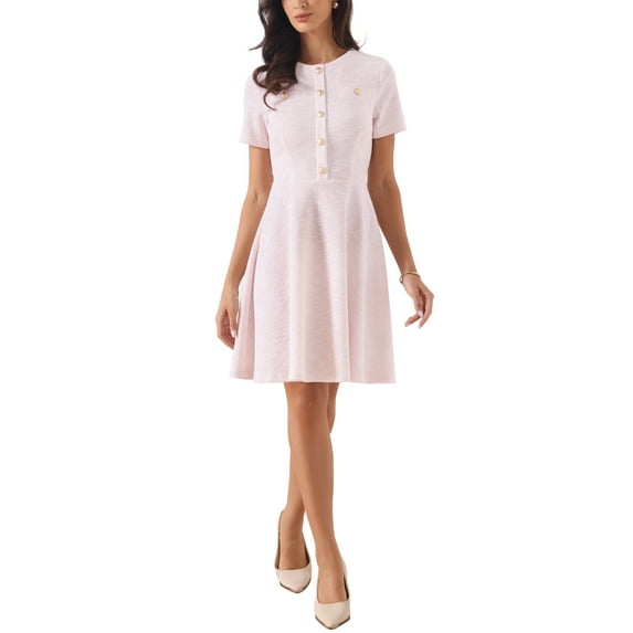INSPIRE CHIC Plaid Tweed Dress for Women's Round Neck Short Sleeve A-Line Vintage Mini Dresses S Pink