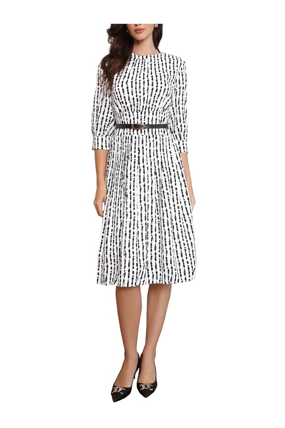 Pleated Dress for Women's Puff Half Sleeve Crew Neck Casual A-Line Dresses L White