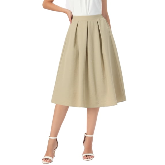 INSPIRE CHIC Pleated Skirts for Women Vintage A-Line High Waisted Business Casual Midi Skirts M Khaki