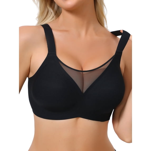 INSPIRE CHIC Plus Size for Women's Mesh V-Neck Wirefree Seamless Soft Bras Full Coverage Minimizers S Black